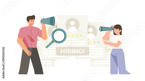 Human resources discussion concept with recruiter and employee reviewing candidate information illustration.