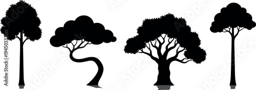 Tree silhouette collection with various natural shapes vector illustration, isolated forest plant icons on light background for landscape design, environmental concept and botanical artwork