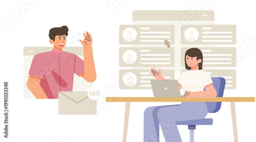 Resume submission concept with applicant sending CV documents through computer. Online hiring process vector illustration.