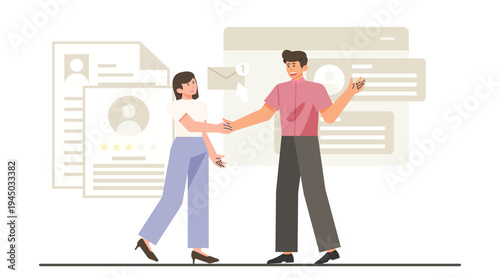 Online recruitment concept with HR manager presenting candidate data and hiring workflow. Human resources hiring vector illustration.