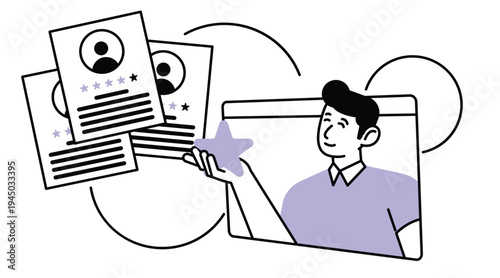 Team building recruitment concept with puzzle pieces and candidate resume documents. Human resources collaboration vector design.