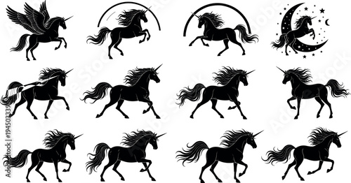 Unicorn silhouette collection with magical horse poses, fantasy mythical animal icons in black isolated on light background for fairytale design, decoration and illustration