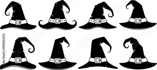 Witch hat silhouette collection with spooky Halloween costume accessories vector illustration, black magic headwear icons isolated on light background for holiday decoration design