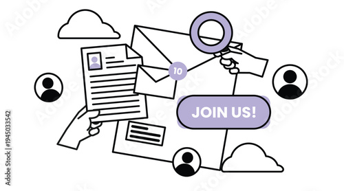 Candidate verification concept with magnifying glass analyzing profile data on computer screen. Recruitment process illustration.