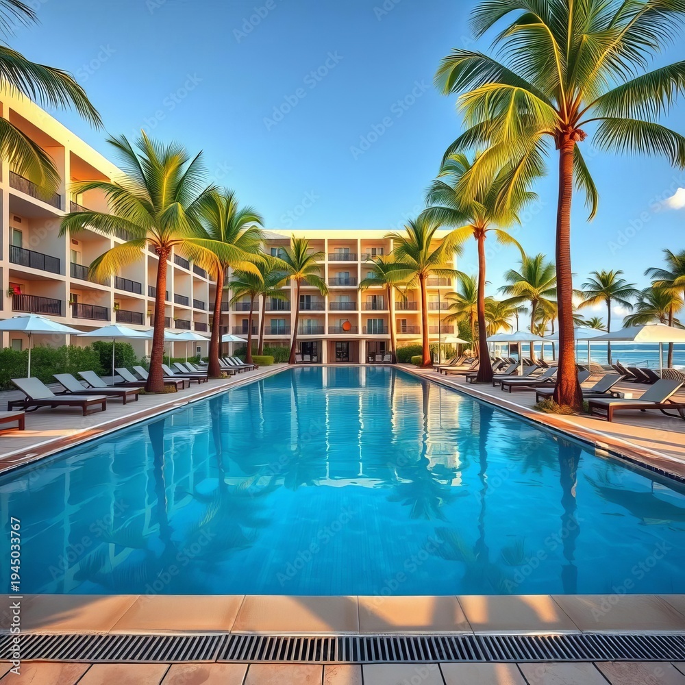 Fototapeta premium Swimming pool at a resort hotel with lounge chairs and palm trees, tropical, swimming