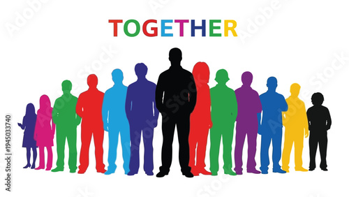 Diverse group of people standing together in unity and harmony with colorful silhouettes and text