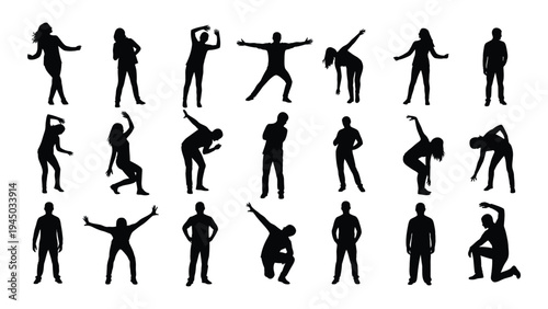 Collection of diverse human silhouettes in various dynamic poses and actions
