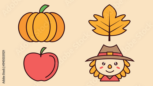 A cartoon image of a scarecrow and fall items Vector, illustration