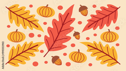 A colorful illustration of fall leaves and pumpkins Vector, illustration