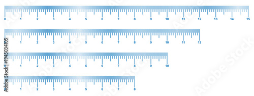 Measuring chart 8,10,12,15 inches. Set of ruler scales twelve, fourteen. Sewing tool icons. Length measurement math, distance, height. Measuring sticks. Distance, height, length measurement. 
