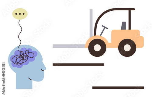 Mental health, stress management, problem-solving, emotional burden, productivity, personal growth. Blue human head with tangled thoughts, forklift unloading. Mental health and stress management
