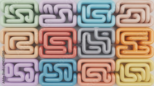 Colorful abstract maze patterns in a grid formation with pastel hues