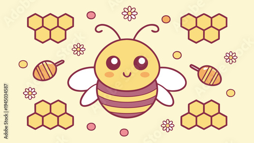 A cartoon bee surrounded by honeycombs and flowers Vector, illustration