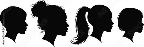 Set of four beautiful woman head profile silhouettes with different hairstyles including short bob cut, high ponytail, and messy hair bun isolated on white.