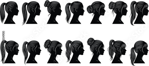 Set of woman head silhouette profiles with different hairstyles including ponytail and bun hair styles in a black woodcut engraving style isolated on white.