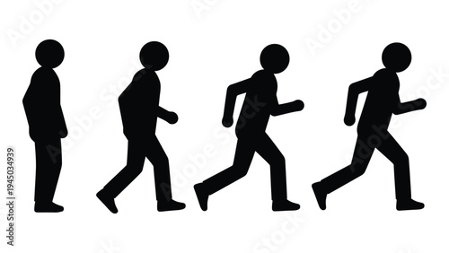 A series of four black silhouette figures in different running phases, illustrating stages of human movement and exercise