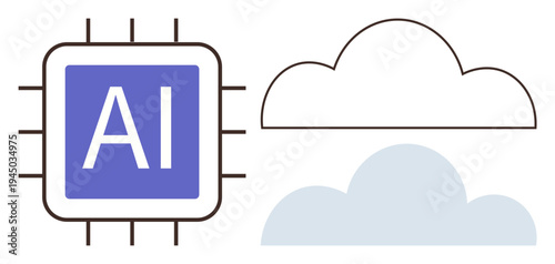 Artificial intelligence, cloud computing, data storage, technology integration, connectivity, innovation. A microchip labeled AI next to cloud graphics. Artificial intelligence and cloud computing