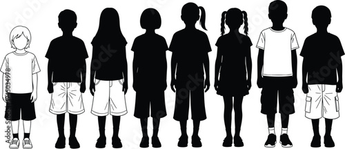 A diverse row of children silhouettes standing together with one detailed outline drawing of a young boy representing individuality, inclusion, and community growth.
