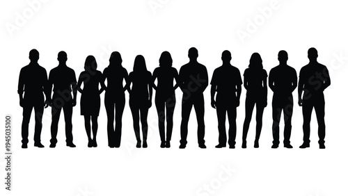 A group of diverse people standing together in a line, showcasing unity and solidarity in a minimalist silhouette illustration