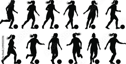 Large Set of Female Soccer Player Silhouettes Dribbling and Controlling Football in Various Athletic Poses Isolated on White Background for Professional Sports Graphic Design
