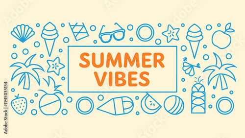 A colorful summer vibes graphic with illustrations Vector, illustration