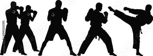 Martial Arts Silhouette Set Featuring Karate Kickboxing Boxing and Taekwondo Fighters in Combat Poses for Sports Training and Fitness Competition Illustration