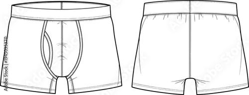 Technical Fashion Sketch of Men's Boxer Briefs Underwear with Front and Back Views Isolated on White Background for Professional Apparel Design Mockup Templates