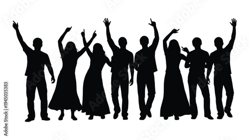 A group of people celebrating with raised arms in a joyful and lively atmosphere, expressing happiness and excitement in a social gathering or party with friends and family
