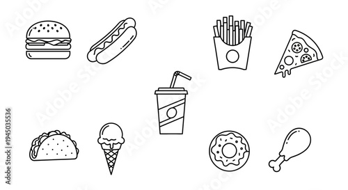 Fast food icons on white background.