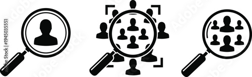 Set of Recruitment Icons with Magnifying Glass Searching for Individual Candidates and Targeted Group Selection Isolated on White Background for Human Resources Graphic Design