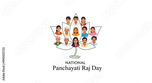 Illustration of diverse people celebrating National Panchayati Raj Day with a design on a white background, symbolizing rural governance and democracy in India.
