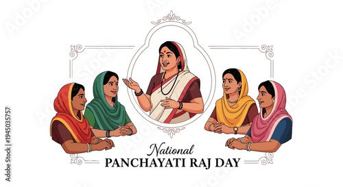 Illustration of women in traditional Indian attire celebrating National Panchayati Raj Day with a central female leader, symbolizing rural governance and democracy in India.