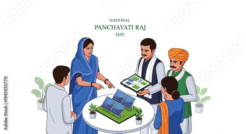 Illustration of people discussing governance and rural development on National Panchayati Raj Day in India with a focus on decentralization and administration.