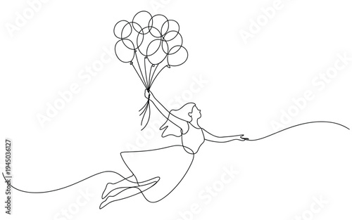 Woman with Balloons Flying Line Art