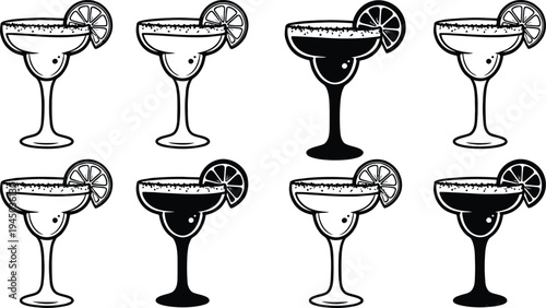 Black and white cocktail glass icons with lemon slice garnish in a simple seamless pattern vector illustration for bar, drink menu, and party design.