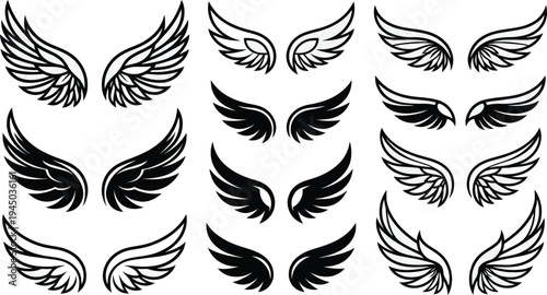 Black and white tribal wings tattoo vector set with eagle style wing silhouettes for logo, tattoo, and design