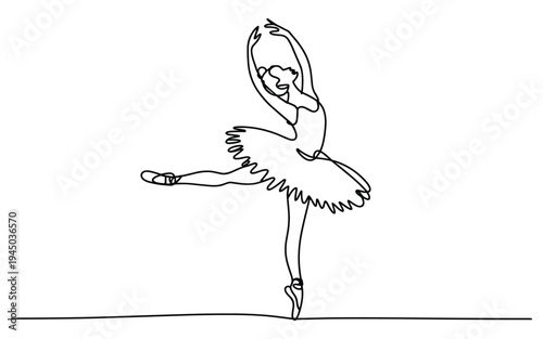 Ballerina Performing Ballet Dance Pose on Tiptoes with Tutu Line Art Style