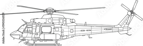 Detailed helicopter line art illustration isolated on white background, technical outline drawing of modern utility helicopter with rotor and cockpit, aviation engineering vector design