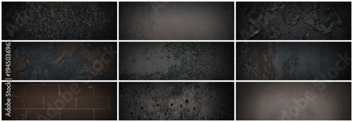 Set of dark panoramic background textures. Collection of wide textures with peeling paint, cracks, rust, scratches, noise and grain. Rough surfaces of old walls. Bundle of backgrounds for design.