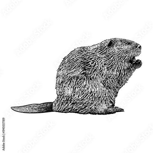 Hand-drawn vintage engraving illustration of a beaver, isolated beaver side profile vector sketch, rustic wildlife animal element for outdoors and nature design.