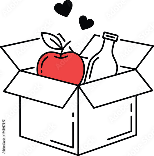 Open Cardboard Donation Box Filled with Fresh Red Apple and Milk Bottle Representing Charitable Food Bank Support and Community Hunger Relief