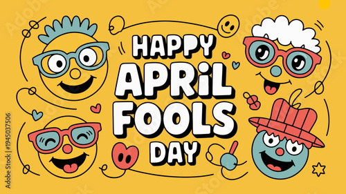Colorful cartoon faces celebrate happy april fools' day with playful accessories and swirling lines on yellow background