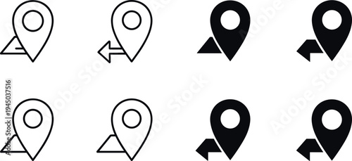 Location pin and navigation arrow icon set vector illustration, map marker symbols in outline and solid style isolated on light background for GPS design