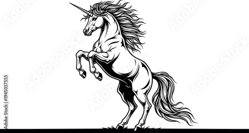 Majestic unicorn rearing illustration in detailed vintage engraving style, mythical fantasy horse drawing isolated on light background for fairytale design, magic symbol and artwork