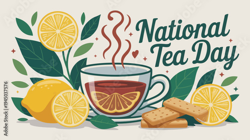 National tea day celebration with a cup of tea lemons and biscuits on a decorative background