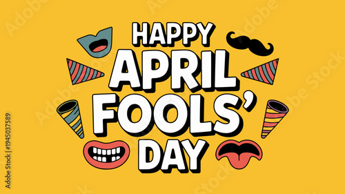 Colorful happy april fools' day celebration with party horns and funny faces on yellow background
