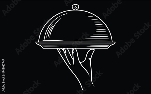 Hand Serving Food Cloche Plate Drawing on Black Background