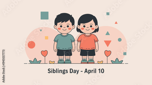 Two smiling siblings standing together on siblings day april 10 with colorful geometric shapes