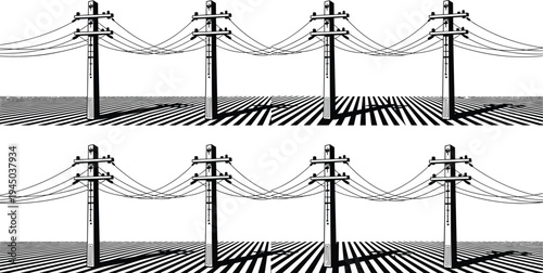Electric power transmission lines and utility poles silhouette set with high voltage cables and electrical wires for energy infrastructure and industrial vector illustration