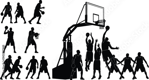 Professional Basketball Players Silhouettes Vector Illustration Featuring Athletes Dribbling Jumping Shooting and Slam Dunking Near Hoop for Sports Design Content